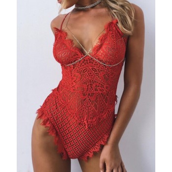Sexy Women Solid Color Hot Ladies Jumpsuits Spaghetti Strap Hollow Out Lace Playsuits Bodysuit Black Pink Red White